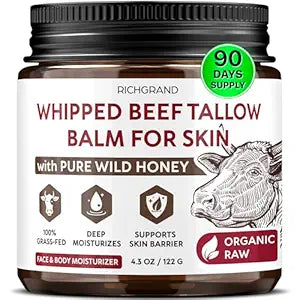 RICHGRAND Beef Tallow for Skin - Whipped Tallow and Honey Balm - Grass Fed Beef Tallow for Face, Daily Moisturizer & Body Butter - Natural Non Comedogenic Skincare (4.3 oz)