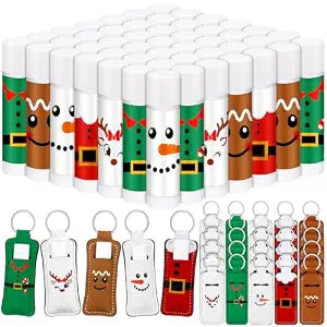 Siifert 50pcs/25set Christmas Lip Balm with Holder Keychain Set, Xmas Gifts