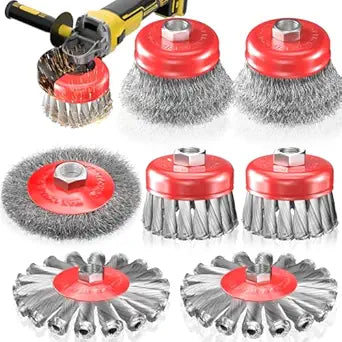 BURMONG 7 PCS Wire Wheel Brush for 4-1/2" Angle Grinder, Carbon Steel Knotted & Crimped Cup/Wheel Brushes (3" & 4"), Heavy Duty Rust, Paint, Corrosion Removal, 5/8"-11 UNC Threaded Arbor