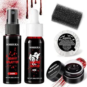 BOBISUKA Halloween Fake Blood Makeup Kit, Realistic Washable SFX Blood with Dripping, Splatter & Sticky Blood, Stipple Sponge and Cleansing Soap for Vampire Zombie Cosplay Special Effects Makeup