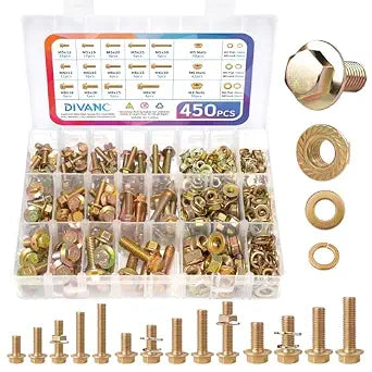 450PCS Metric Grade 8.8 Flange Bolts and Nuts Assortment Kit, M5 M6 M8 Hex Cap Flange Hex Bolts Flange Nuts Assorted Set, Yellow Zinc Plated, Length from 12-30mm (450Pcs M5 M6 M8)