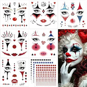 9 Sheets Halloween Clown Face Makeup Temporary Tattoos Glitter Black Red Blue Faces Gems Jewels Crystals Rhinestones Clown Eyeshadow Stickers Kit for Day of the Dead Carnival Party Decoration