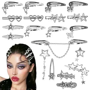 20 Pcs Y2K Silver Metal Hair Clips, Multi Shape Barrettes for Women Girls