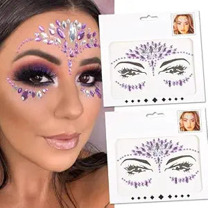 Purple Rhinestone Face Stickers 2-Pack ��������� Self-Adhesive Face Gems for Party, Prom, Halloween & Birthday ��������� Temporary Tattoo Jewelry Stickers �����