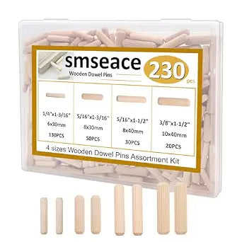 smseace 230Pcs Wooden Dowel Pins 1/4inch 5/16inch 3/8inch, Fluted Wood Dowels Rods for Crafts, Furniture, DIY Manual