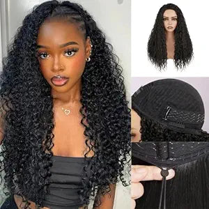 Kinky Curly Half Wig, 3 In 1 Drawstring Seamless Deep Water Wave Half Wigs for Black Women, Glueless Clip-In & Flip-Over Synthetic Wig, #2 Natural Black 20 Inch