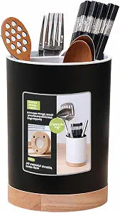 BUBBLE-FLY Modern Kitchen Utensil Holder with Drainage, Black and Wood Base, 3 Compartment Divided Organizer for Spoons Forks Knives, Countertop Caddy for Cooking Tools and Cutlery Storage- Non-Slip