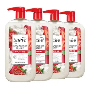 suave+ Strawberry Delight Uplifting Body Wash, Formulated with Glycerin and Vitamin E for Hydrating and Gently Cleansing Skin, 30 FL OZ Pump, 4 Pack