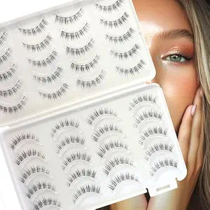 Natural Strip Lashes 10MM Short Cat Eye False Eyelashes Invisible Clear Band Thin Wispy Fake Lashes for Daily Wear 20Pairs