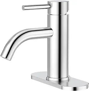 Polished Chrome Bathroom Faucet 1 Hole with Deck Plate, Single Handle Bathtoom Sink Faucet Stainless Steel Vanity Faucet, Chrome