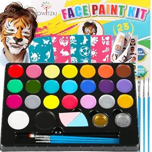 Bowitzki Face Painting Kit for Kids 23 Colors Water Based Face Paint Kit Non Toxic Professional with Stencils Brushes for Parties Birthdays Halloween Christmas Body Makeup
