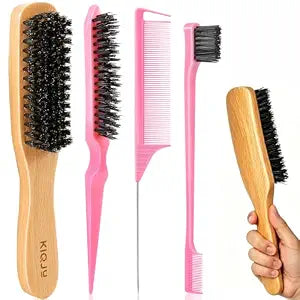 4Pcs Boar Bristle Slick Back Hair Brush Set, Soft Bristle Tames Flyaways, Frizz Shine, Gentle on Fine Hair & Scalp, with Rat Tail Comb & Edge Control for Sleek Ponytails, Buns, Teasing, Women Men Kids