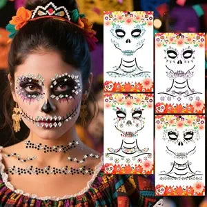 Halloween Face Jewels Temporary Tattoos, 4 Pack Day of the Death Rhinestone Face and Body Gems, Crystal Makeup Stickers with Neck and Chest Jewels for Halloween Costume Party, Festival, Rave & Cosplay