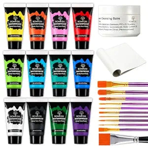 Bowitzki 12 Color Face Paint Set Waterproof & Smudge Proof, Sweatproof Cream Body Face painting Makeup for Halloween, Carnival, Cosplay Party