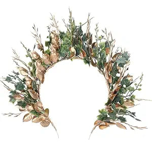 MOSTORY Handmade Woodland Halo Crown - Forest Headband Flower Hairband Goddess Floral Crown for Women s Cosplay Party Renaissance Carnival Wedding Photo Shoot Gold Green