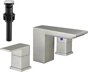 BESy Bathroom Faucet 3 Holes Two Handles Lavatory Vanity Sink Faucet Widespread 8 Inch Bathroom Sink Faucet, Waterfall Bathroom Sink Faucet with Supply Hoses, with Pop Up Drain, Brushed Nickel