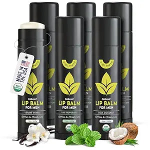 Lip Balm for Men - Mens Lip Balm Vitamin E and Beeswax - Chapstick for Men - Peppermint, Coconut & Vanilla - Made in the USA (USDA Organic, 6 Pack)