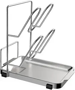 YQh Pot Lid Holder, Two-Compartment Stainless Steel Cooking Rack, Spoon Rest with Lid Holder, Spatula Holder for Counter, Stove Top Shelf Spoon and Lid Rest, Pot Lid Organizer