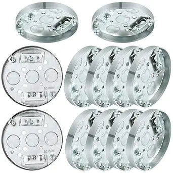 Hicarer 10 Pcs R 4" Round Shallow Electrical Box Pancake Electrical Ceiling Fan Box with 1/2" Deep 1/2" Bottom Knockout for Ceiling Fan Wall Lighting Fixture with Retaining Clip Galvanized Steel