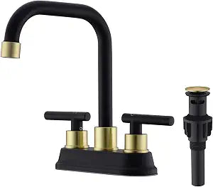 2 Handle Bathroom Faucet Black and Gold, 4 Inch Centerset Bathroom Sink Faucet with Pop Up Drain, Bathroom Faucet 3 Hole with Two Water Supply Lines (Brushed Gold and Black)