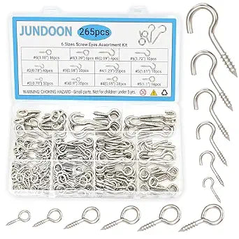 265-Piece Zinc-Plated Screw Eyes & Hooks Assortment Kit, 11 Sizes Self-Tapping Metal Eyelet Screws, 3/4"2-1/16" for Hanging, Crafts & DIY