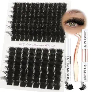 Fluffy Lash Cluster Kit 180D + 280D Mega Volume, 10���20mm Mixed Lengths, Thick Eyelash Extension Kit for Dramatic Glam Look, Soft Matte Black Lashes with Bond & Seal, Tweezers & R