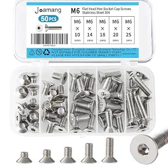 M6 x 10mm 14mm 18mm 20mm 25mm Flat Head Hex Socket Cap Screws Countersunk Bolts, Stainless Steel 304, Metric Allen Drive, Bright Finish, Fully Threaded, Assortment Kit 50PCS