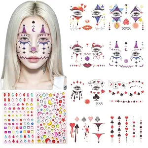 8 Sheets Clown Face Makeup Tattoos with Face Gems Jewels Kit, Halloween Temporary Tattoos Stickers, for Horror Party Cosplay Costumes Decoration