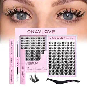 OKAYLOVE Bunny Lash Clusters Kit, 8-18mm Wipsy Lashes Cluster Eyelash Extensions Kit, 120pcs Natural Individual Lashes Clear Band Manga Eyelashes Clusters with Bond and Seal, Remover, Tweezers