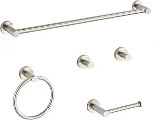 Bathroom Hardware Set 5 Piece, Brushed Nickel Bathroom Accessories Set, SUS304 Stainless Steel Towel Bar Set Includes 24 Inch Towel Bar, Towel Ring, Toilet Paper Holder & 2 Robe Hooks, Wall Mount