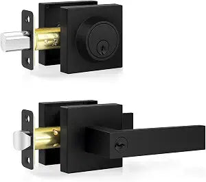 Estmoon Door Locks for Front Door, Matte Black Exterior Door Handle and Single Cylinder Deadbolt Lock, Heavy Duty Modern Square Front Door Handle and Deadbolt Set, Commercial Locks for Doors, 1 Pack