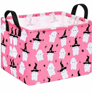 Halloween Ghost Storage Basket with Handles, Pink Witch Hat Trick or Treat Candy Basket, Collapsible Fabric Organizer Bin for Toys Gifts Clothes, Shelf Bedroom Home Decor