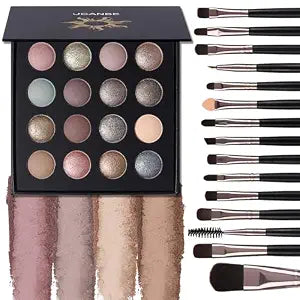 UCANBE Baked Eyeshadow Palette with 15PCS Brushes Makeup Set, 16 Color Natural Nude Matte Shimmer Metallic Eye Shadow Make Up Pallet for Women Girls, High Pigmented Long Lasting Waterproof