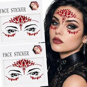 Red Halloween Face Gems Stickers, 2 Sheets Blood Red Rhinestone Face Jewels, Gothic Vampire Crystal Face Stickers Self-Adhesive Body Gems for Women Girls Halloween Costume Festival Party Makeup