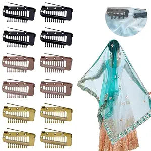 12 Pcs Chunni Clips with Safty Pins,Dupatta Hair Clip Easy to Use with Dupatta, Hijab & Tikka Setting,Multifunction10-Teeth Snap Clips for hair extension (multiple colour)
