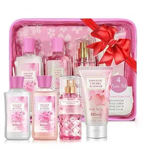 Beautifier Life Japanese Cherry Blossom Bath and Body Set, 4-Piece Kit with Shower Gel, Body Lotion, Body Mist and Exfoliating Scrub, Women's Body Care Travel Set