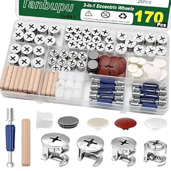 170PCS Cam Locks for Furniture,3-in-1 Eccentric Hardware Wheels, Cam Lock Nuts and Cam Screws, Furniture Cam Lock Fasteners for Drawer Dresser Cabinet