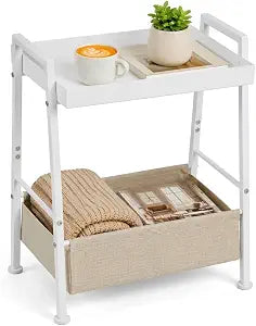 Small Nightstand with Fabric Storage Basket, White