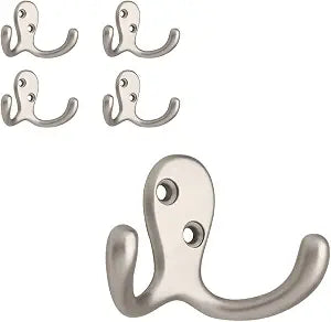 Franklin Brass (5-Pack) Double Wall Hooks 2-Prong Coat/Hat Matte Nickel Hooks for Hanging Wall Mount Hanger Clothes, Purse, Bag, Towel Organization Decorative Wall Hooks FBDPRH5-MN-C