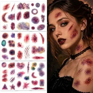 Halloween Bruise Scar Temporary Tattoos, Realistic Fake Wound Blood Sticker Makeup Kit for Cosplay Zombie Vampire Costume Party Face Body Tattoo Stickers 10 Sheets