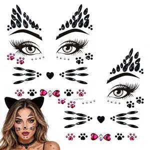 Voiiake Crystal Cat Face Gems Stickers, 2-Sheet Cat Print Gem Jewels, Black Cat Costume Women Accessories for Halloween Makeup