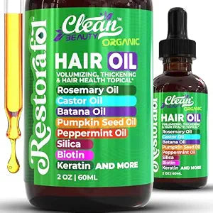 Clean Beauty Rosemary Hair Oil For Growth with Castor Oil Batana Oil Pumpkin Seed Oil Peppermint Oil Silica Biotin Collagen Keratin Saw Palmetto Horsetail Tea Tree Vit E Aloe Vera Jojoba (1 Pack)