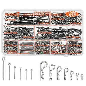 323PCS Cotter Pin Assortment Kit, 13 Sizes Stainless Steel Split Pins and R Clips with Clear Organizer Case for Hitch Pins, Trailers, Lawn Equipment and Machinery