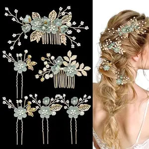6 Pcs Bridal Hair Accessories French Hair Side Combs and Hair Pins,Gold Wedding Jewelry Headpiece with Rhinestone for Brides Bridesmaids Women Girls(Green Flower)