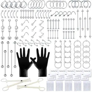 TKKUY 153Pcs Piercing Kit: 12G, 14G, 16G, 20G Needles & 316L Stainless Steel Jewelry for Nose, Belly, Lip, Ear & More