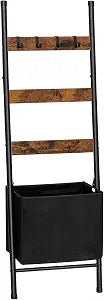 HOOBRO Blanket Ladder with Basket, 17.3L x 63.4H, Towel Rack with Hooks, Blanket Holder Rack, Decorative Ladder Shelf, Drying and Display Rack for Bathroom, Living Room, Rustic Brown BF31CJ01