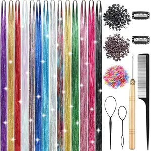 Hair Tinsel, 14 colors Hair Tinsel Kit 6000 Strands Tinsel Hair Extensions