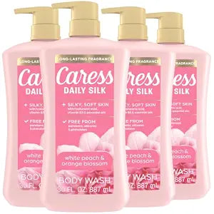 Caress Body Wash With Pump Daily Silk White Peach & Orange Blossom Body Soap for Noticeably Silky, Soft Skin 30 fl oz, 4 Pack