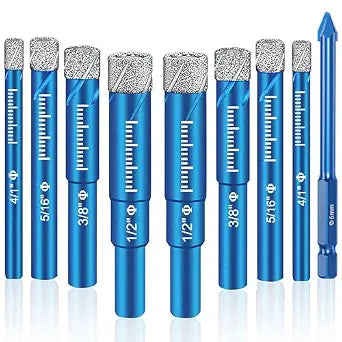 9 Piece Premium Diamond Bit Set - Multi-Tool for Precision Drilling Porcelain, Ceramic, Glass, Marble (Blue, 9 Pcs)