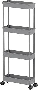Sooyee 4 Tier Slim Storage Cart,Rolling Storage Cart,Narrow Shelf,Bathroom Rack,Mobile Shelving Unit Organizer for Kitchen, Bathroom, Laundry Room, Grey